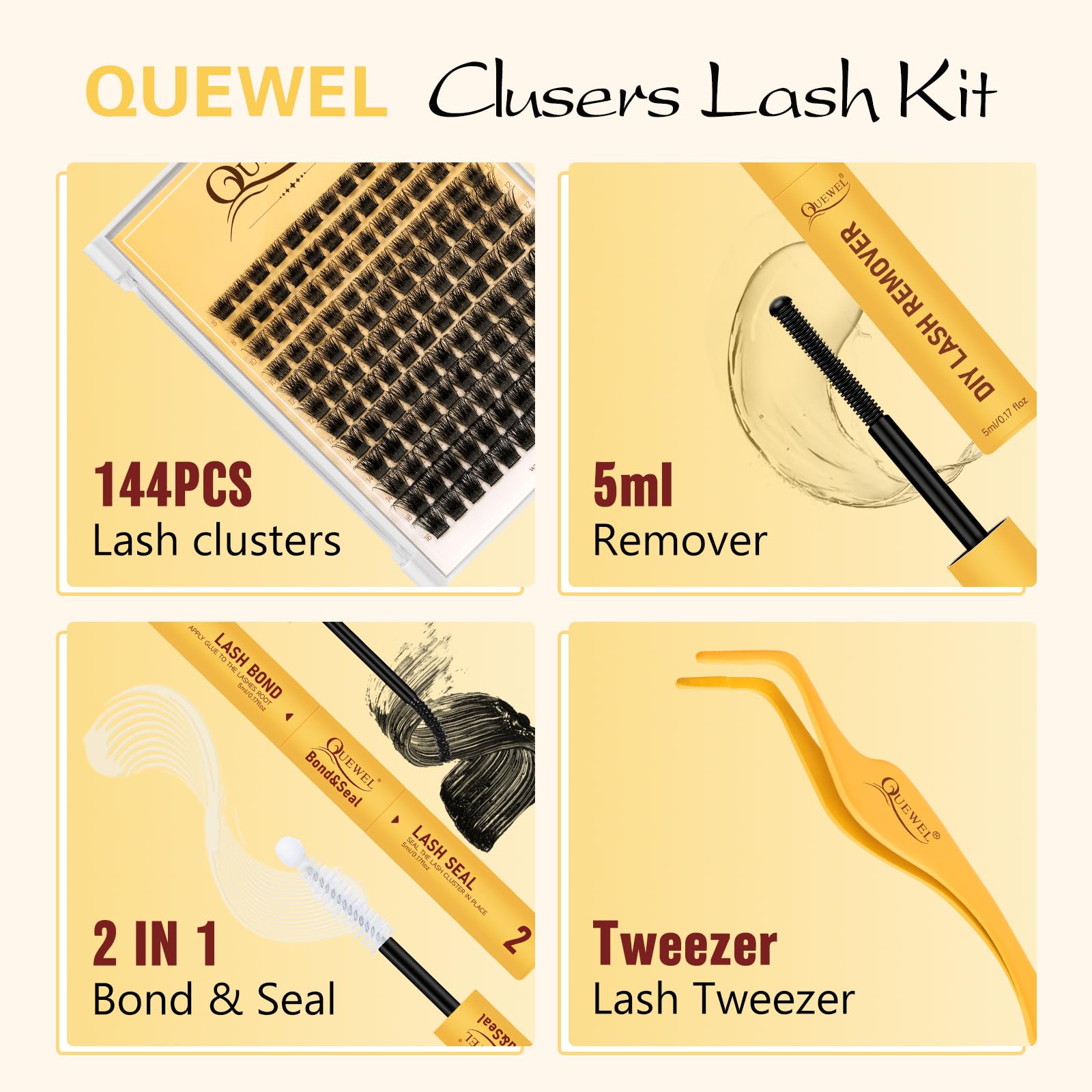 QUEWEL lash cluster packs with 144 pieces for quick full-lash looks
