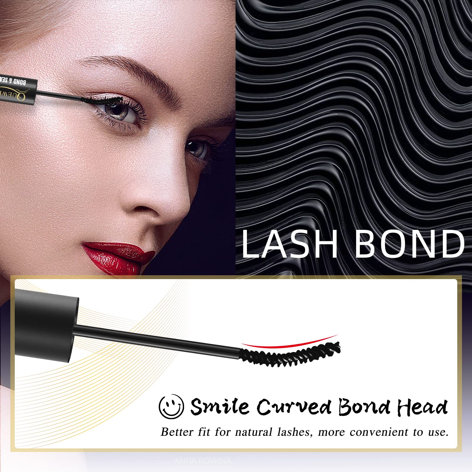 QUEWEL lash bond and seal brush demonstrates precise, clump-free application.