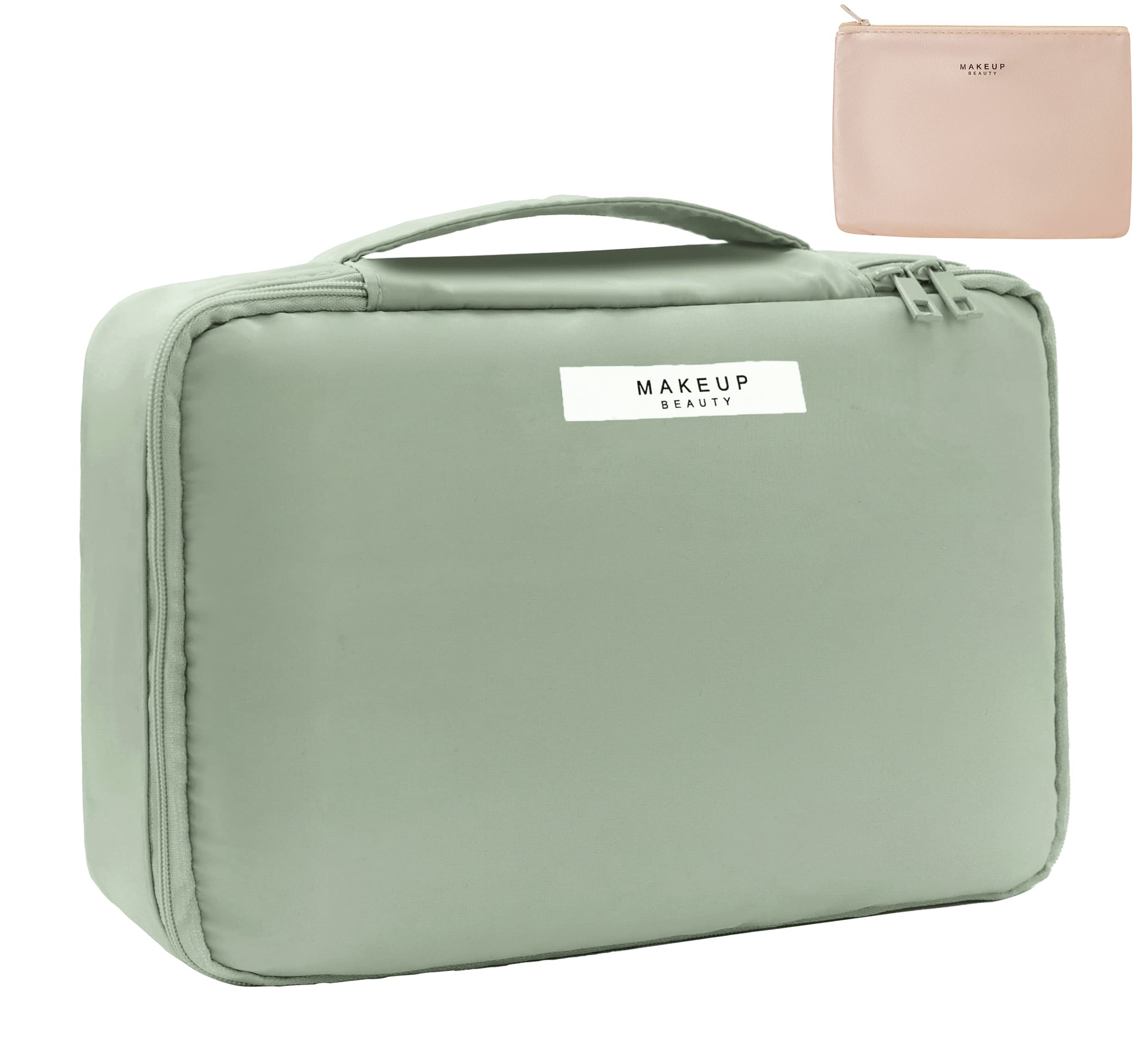 Queboom travel makeup bag front view with ample space for cosmetics.