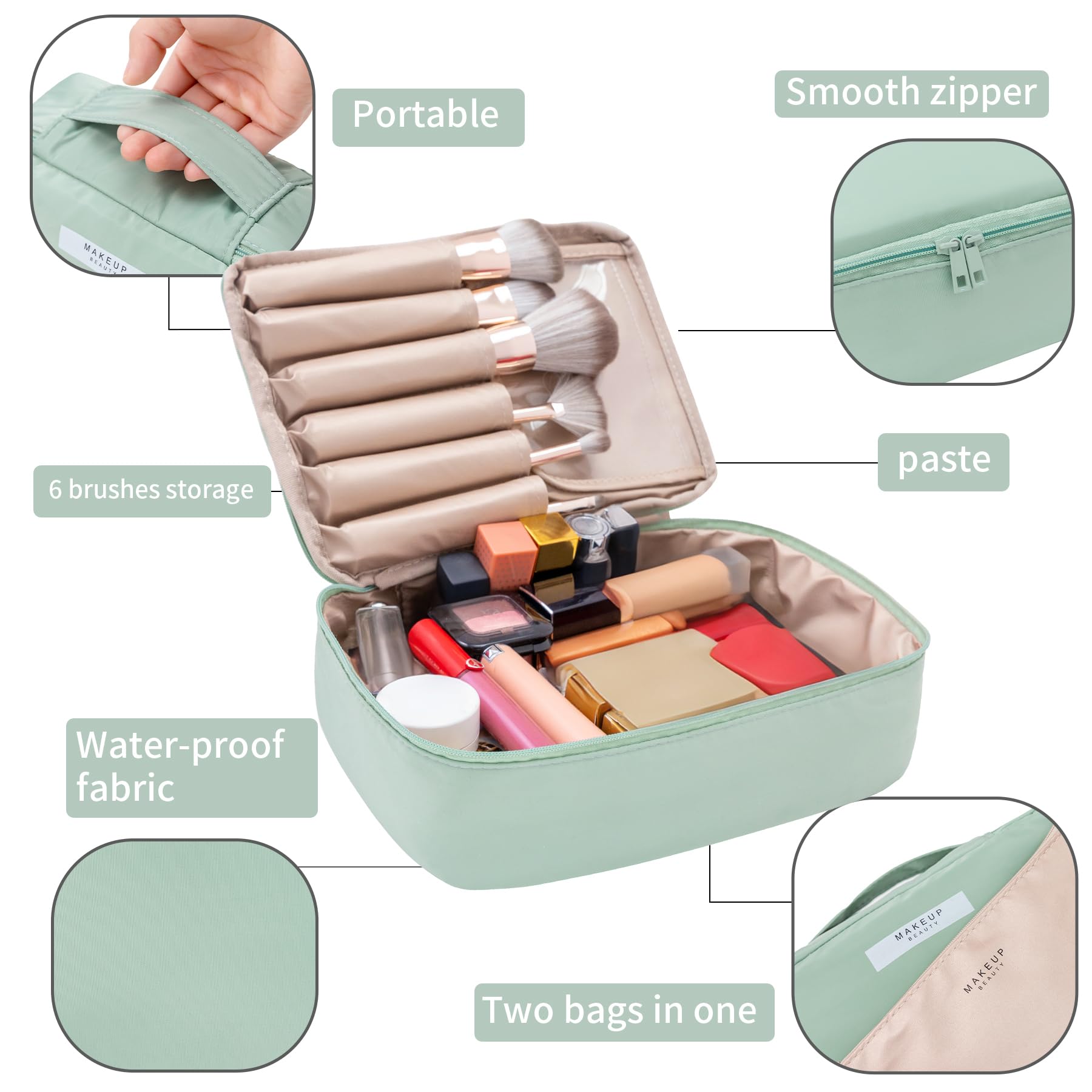 Queboom Travel Makeup Bag Green 3pcs — three compartments for organized essentials.