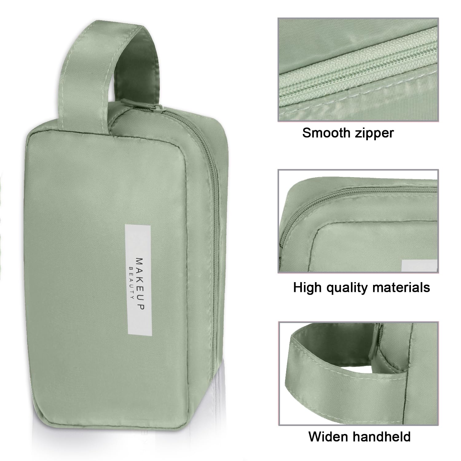 Queboom Travel Makeup Bag Green 3pcs — folded layout for compact packing.