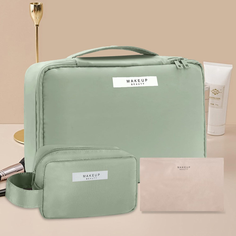 Queboom Travel Makeup Bag Green 3pcs — in-use setup for easy access during travel.
