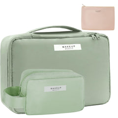 Queboom Travel Makeup Bag Green 3pcs — spacious main compartment for cosmetics on the go.