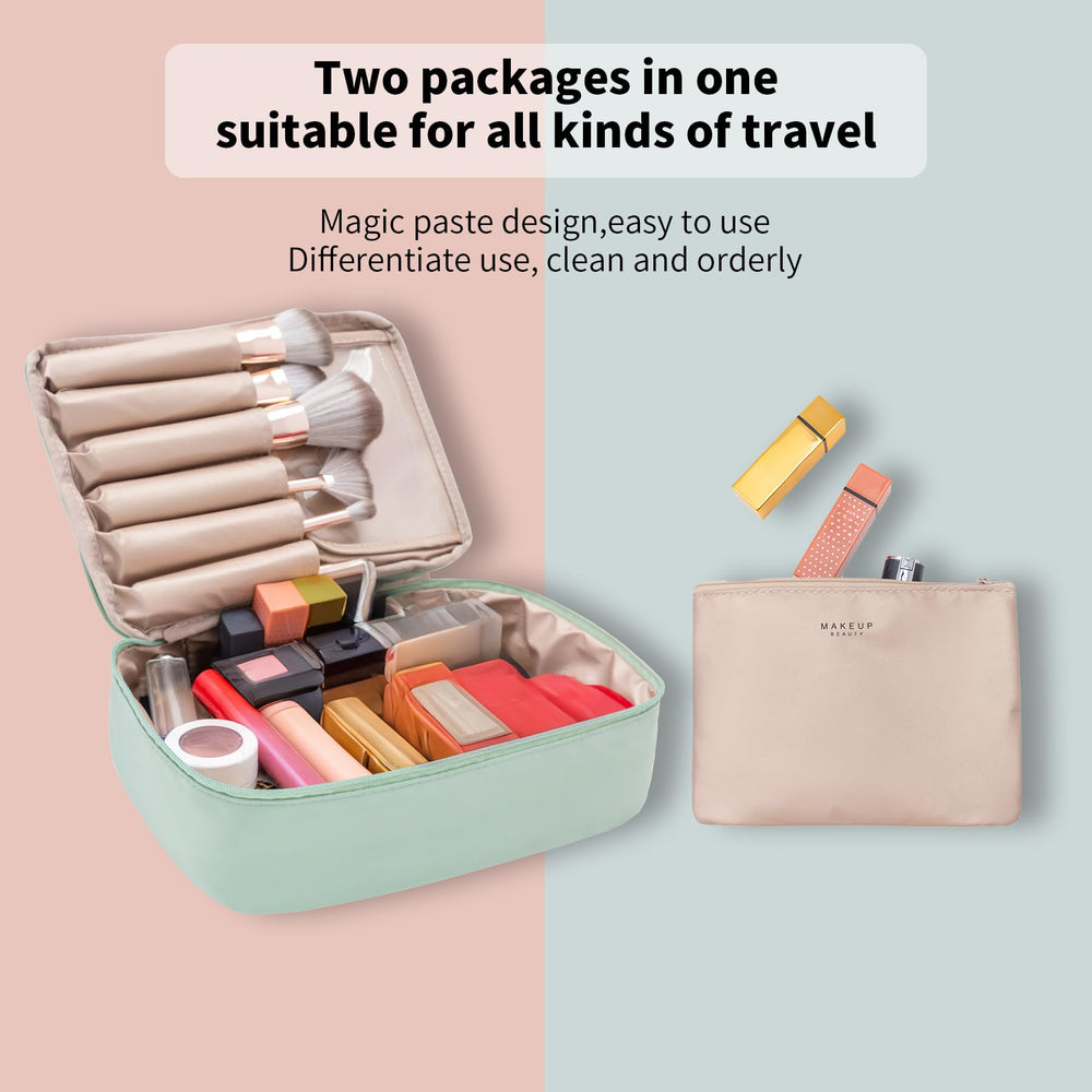 Queboom travel makeup bag open compartments for organized essentials.
