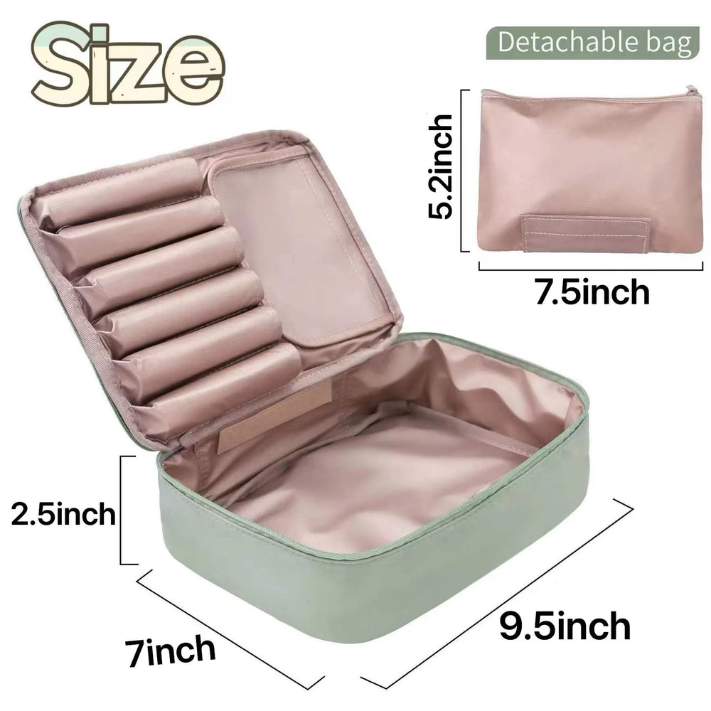 Queboom travel makeup bag side zipper for secure on-the-go storage.