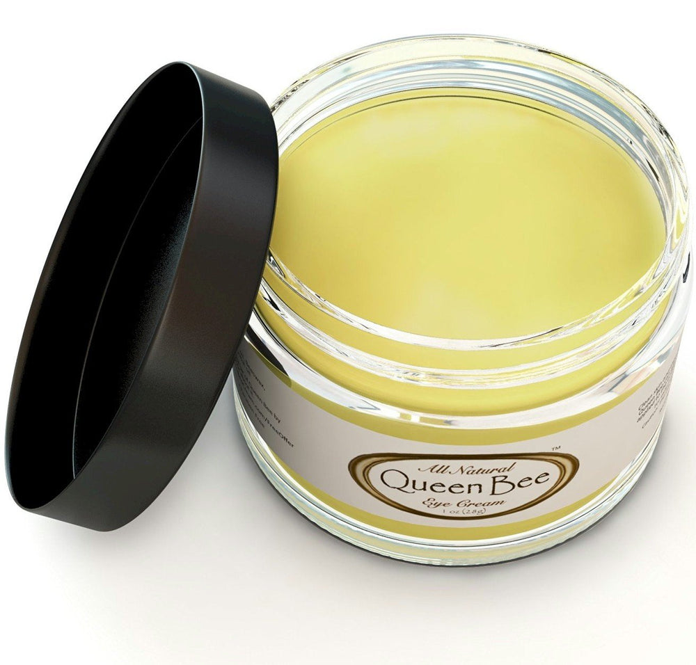 Queen Bee eye cream on skin around eye creating soft, vibrant look