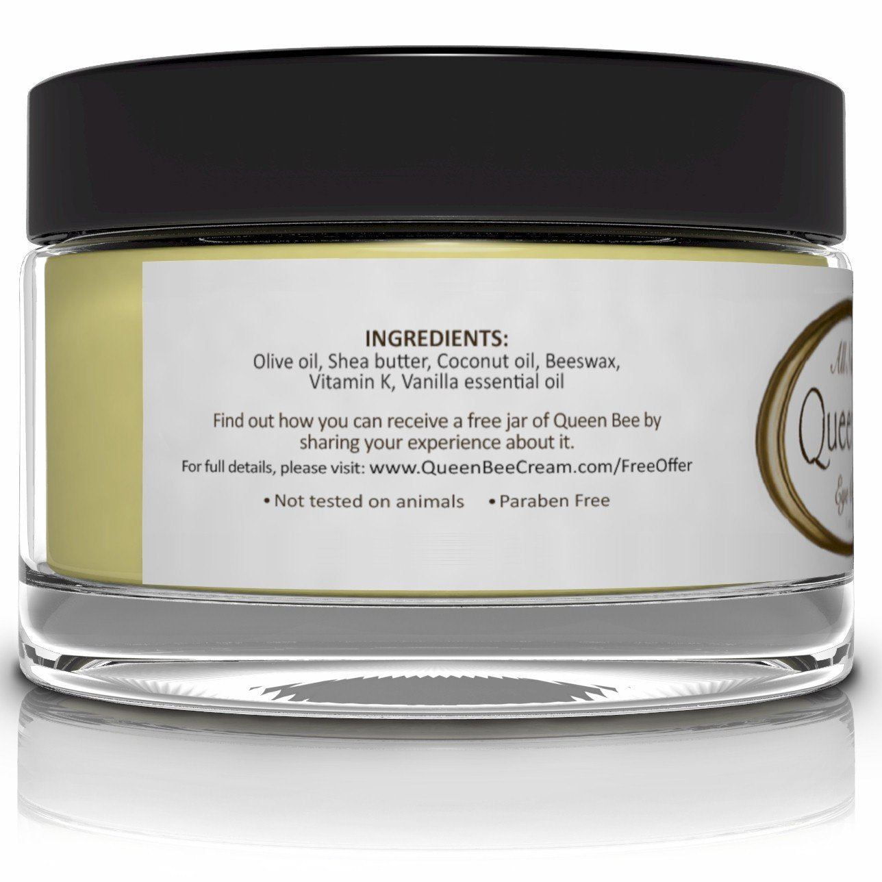 Queen Bee organic ingredients label emphasizing 100% all-natural skincare