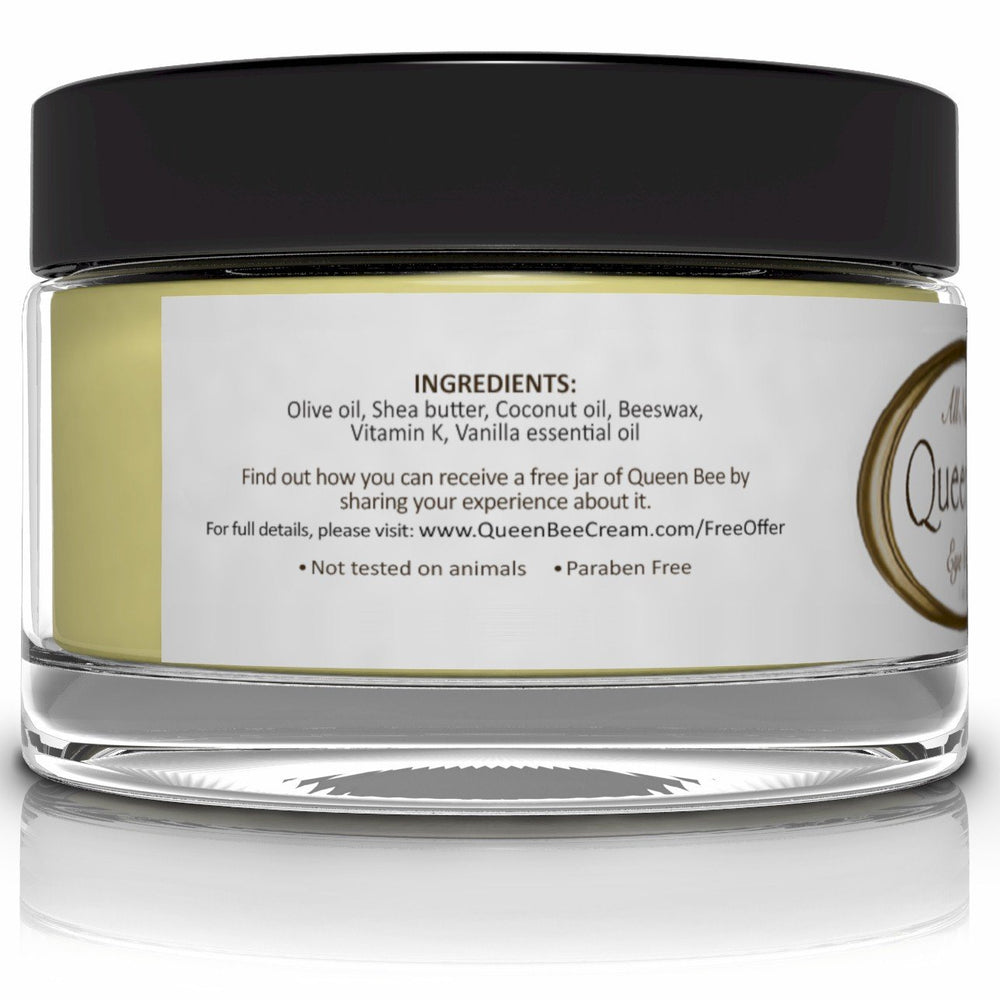 Queen Bee organic ingredients label emphasizing 100% all-natural skincare