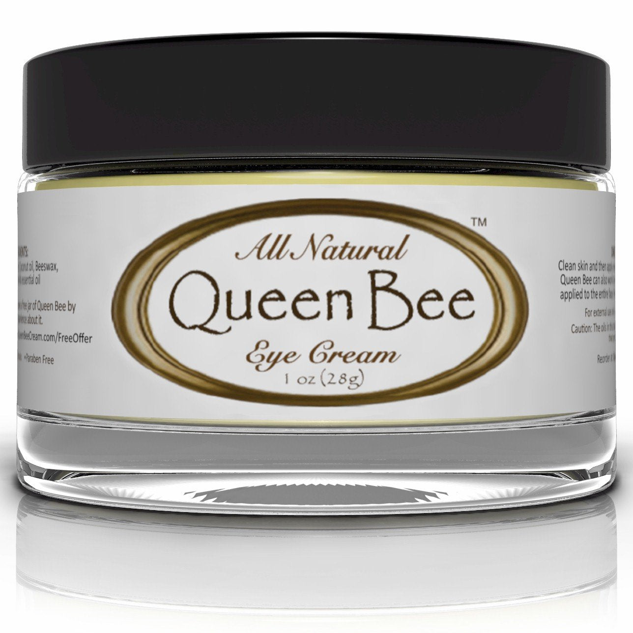 Queen Bee Under Eye Cream jar closeup highlighting organic formula for radiant under-eye skin