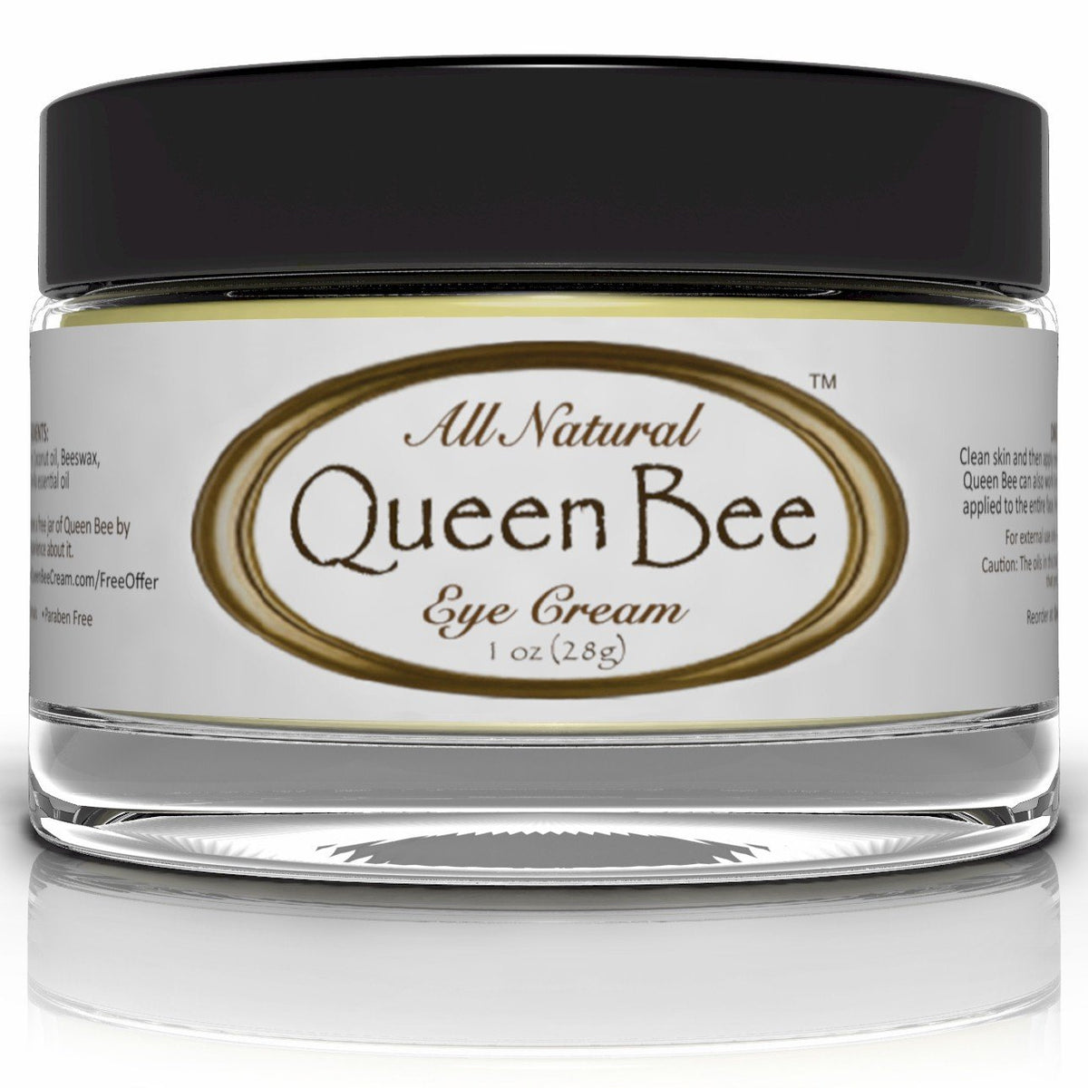 Queen Bee Under Eye Cream jar closeup highlighting organic formula for radiant under-eye skin