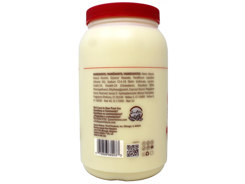 Queen Helene Cholesterol Hair Conditioning Cream label close-up showing nourishing blend.