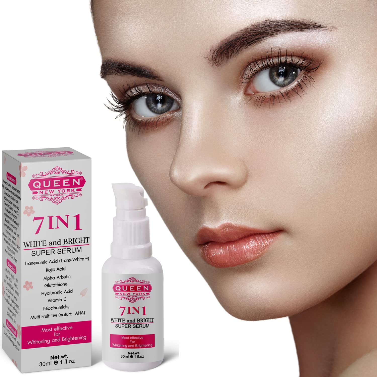 QUEEN NATURAL NEW YORK 7-in-1 serum bottle close-up for brightening.