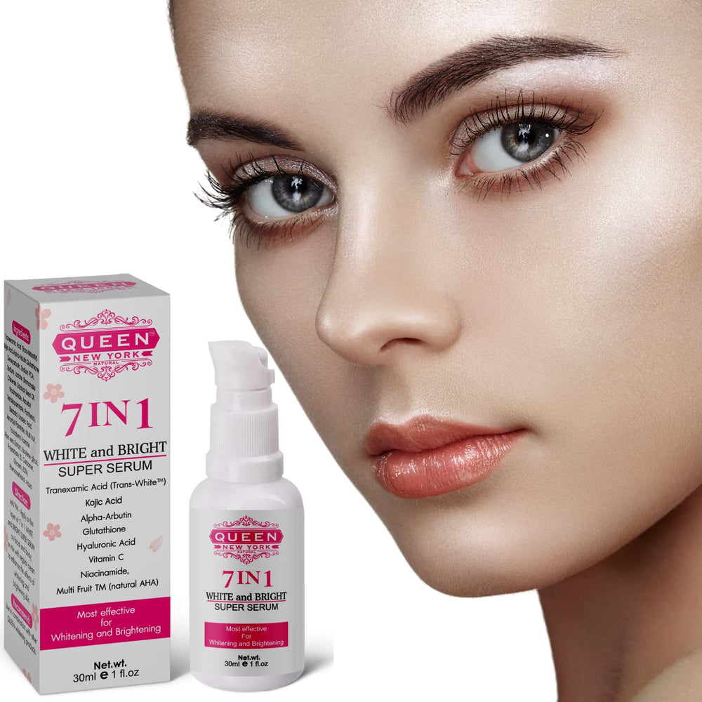 QUEEN NATURAL NEW YORK 7-in-1 serum bottle close-up for brightening.