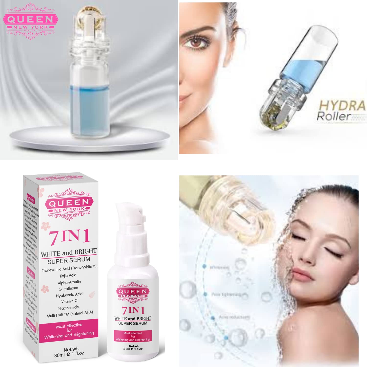 QUEEN NATURAL NEW YORK 7-in-1 serum close-up showing skin glow and radiance.