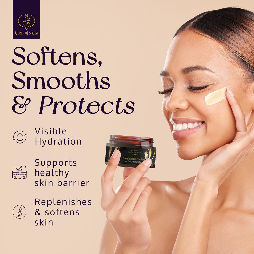 Queen of Shea unscented butter demonstrates gentle care for sensitive skin.