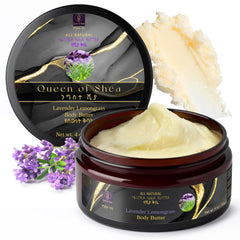 Queen of Shea Lavender Lemongrass shea butter tub showing rich texture for skin hydration