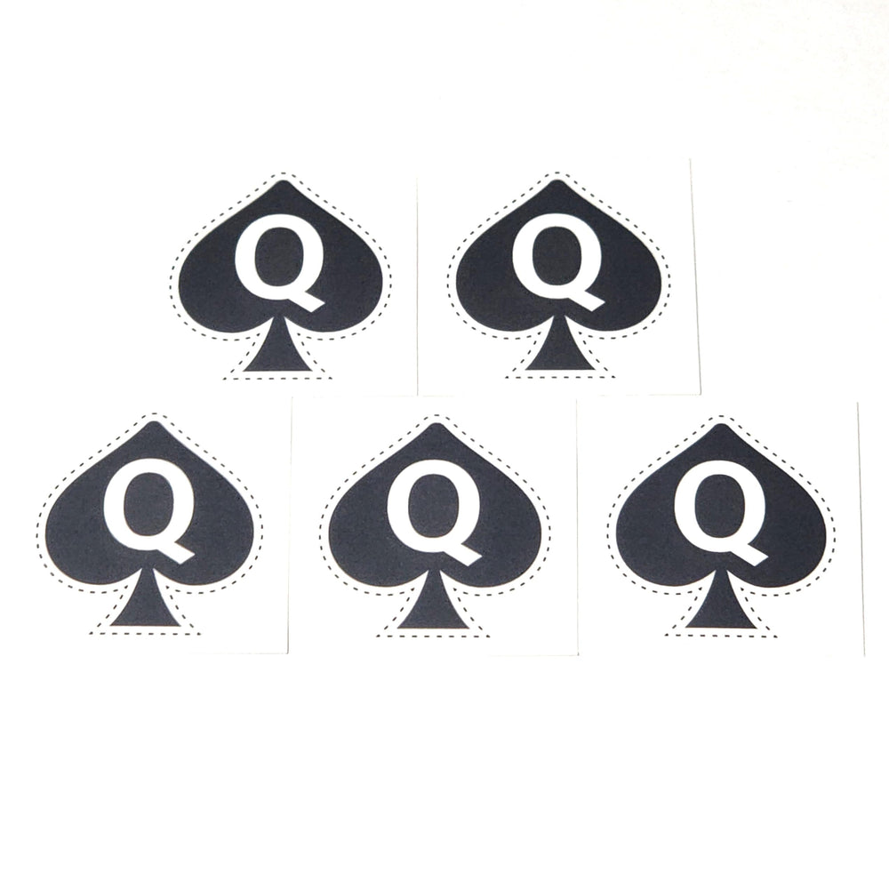 Queen of Spades temporary tattoo pack with five bold designs for versatile styling