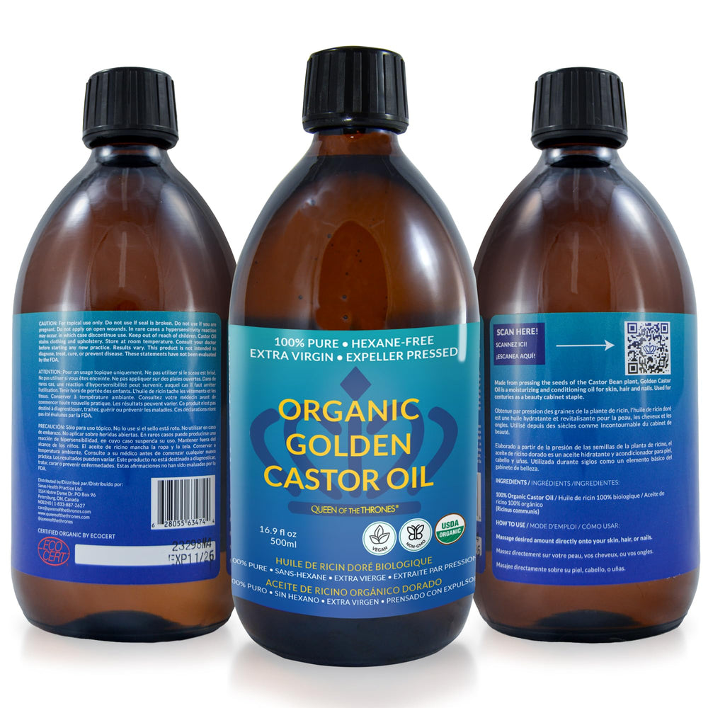 QUEEN OF THE THRONES 500ml bottle shown with natural ingredients for DIY beauty.