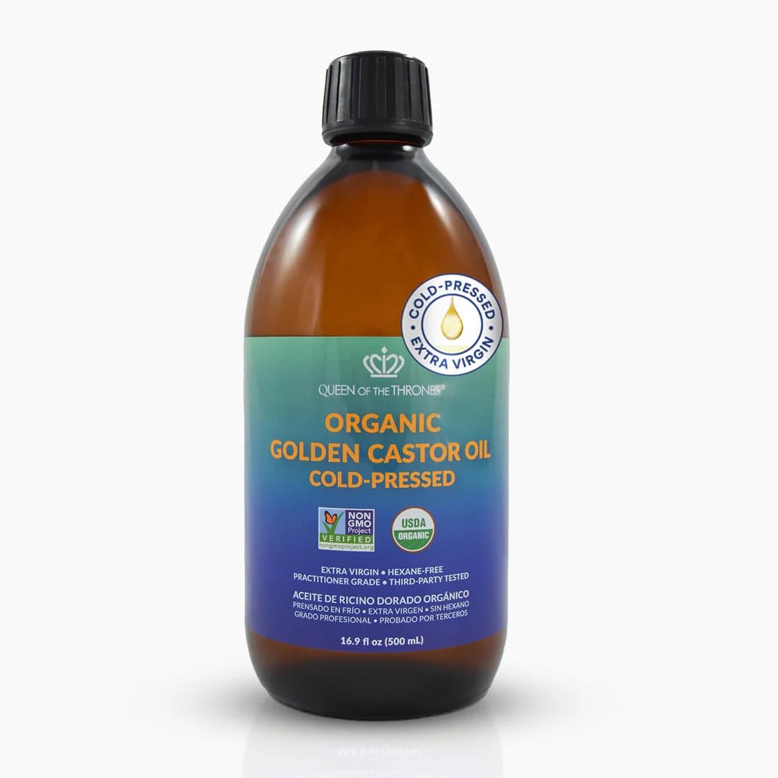QUEEN OF THE THRONES castor oil bottle in amber glass preserves purity for hair and skin.