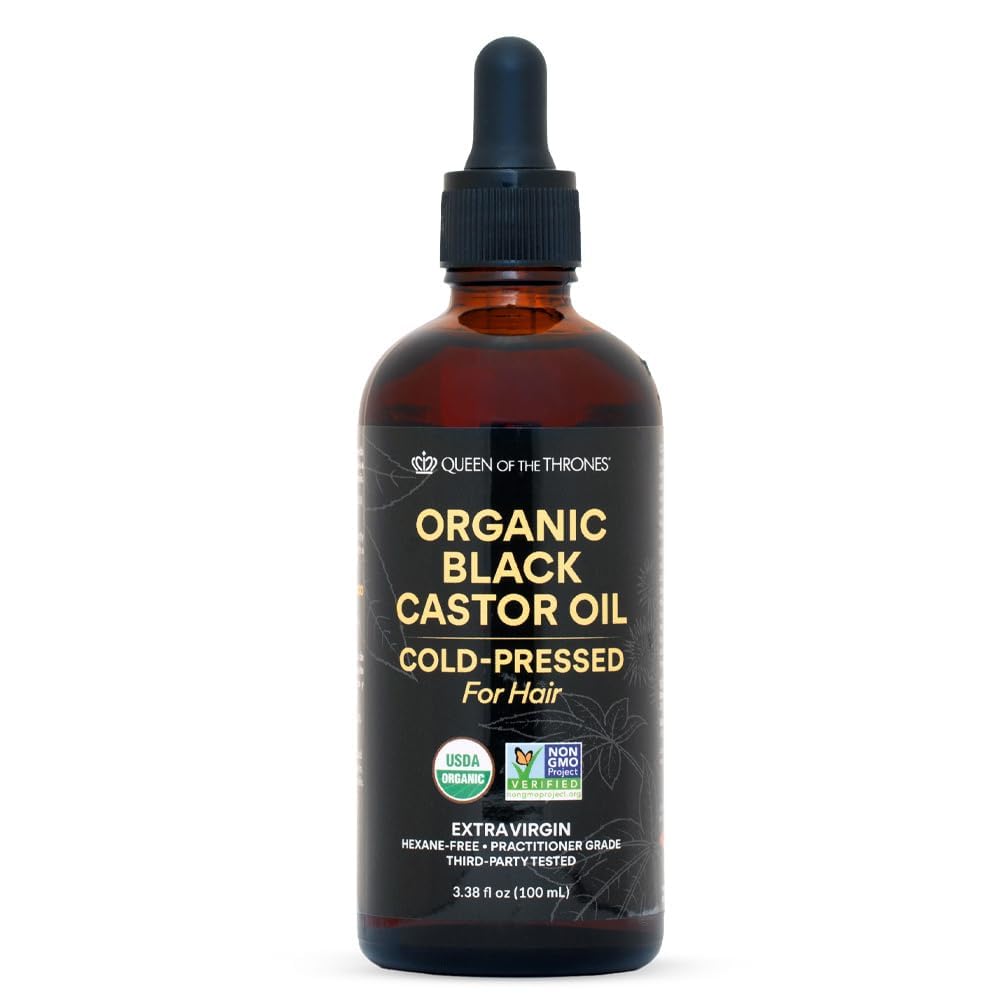 Queen of the Thrones Organic Black Castor Oil amber bottle for skin and hair moisture