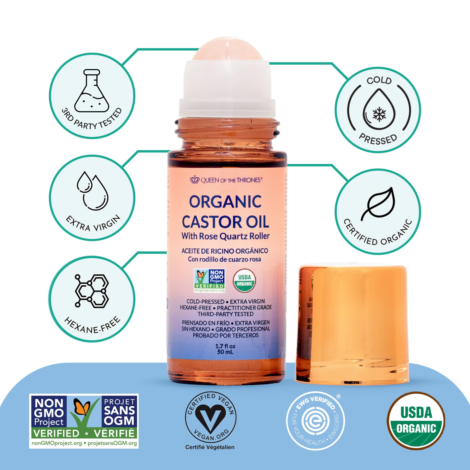 QUEEN OF THE THRONES Organic Castor Oil Bottle highlighting hexane-free purity