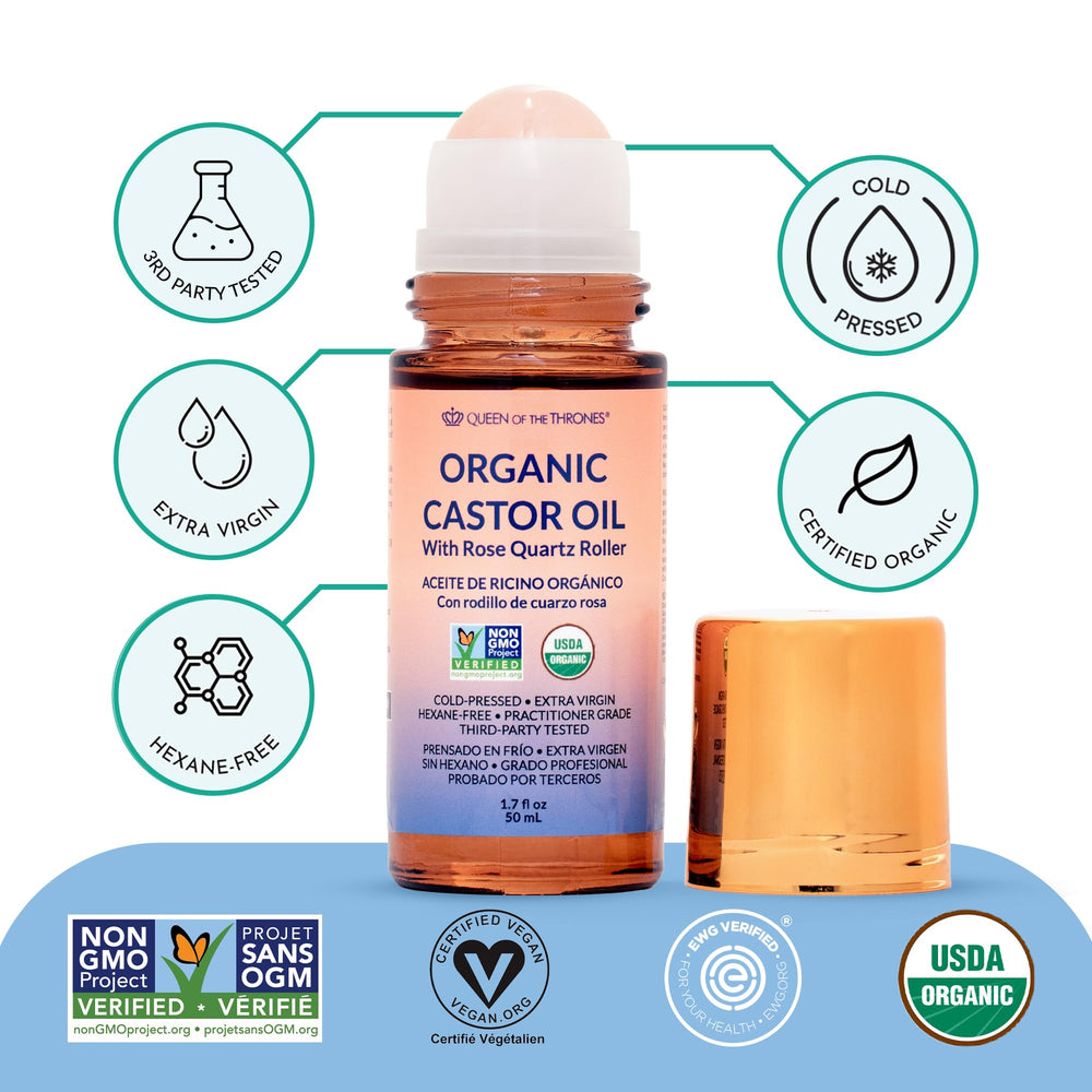 QUEEN OF THE THRONES Organic Castor Oil Bottle highlighting hexane-free purity