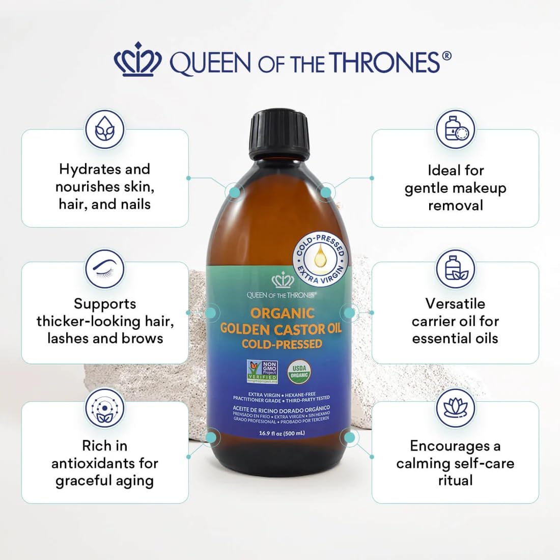 QUEEN OF THE THRONES organic golden castor oil bottle shines, ideal for hair, skin, and nails.