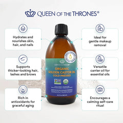 QUEEN OF THE THRONES organic golden castor oil bottle shines, ideal for hair, skin, and nails.