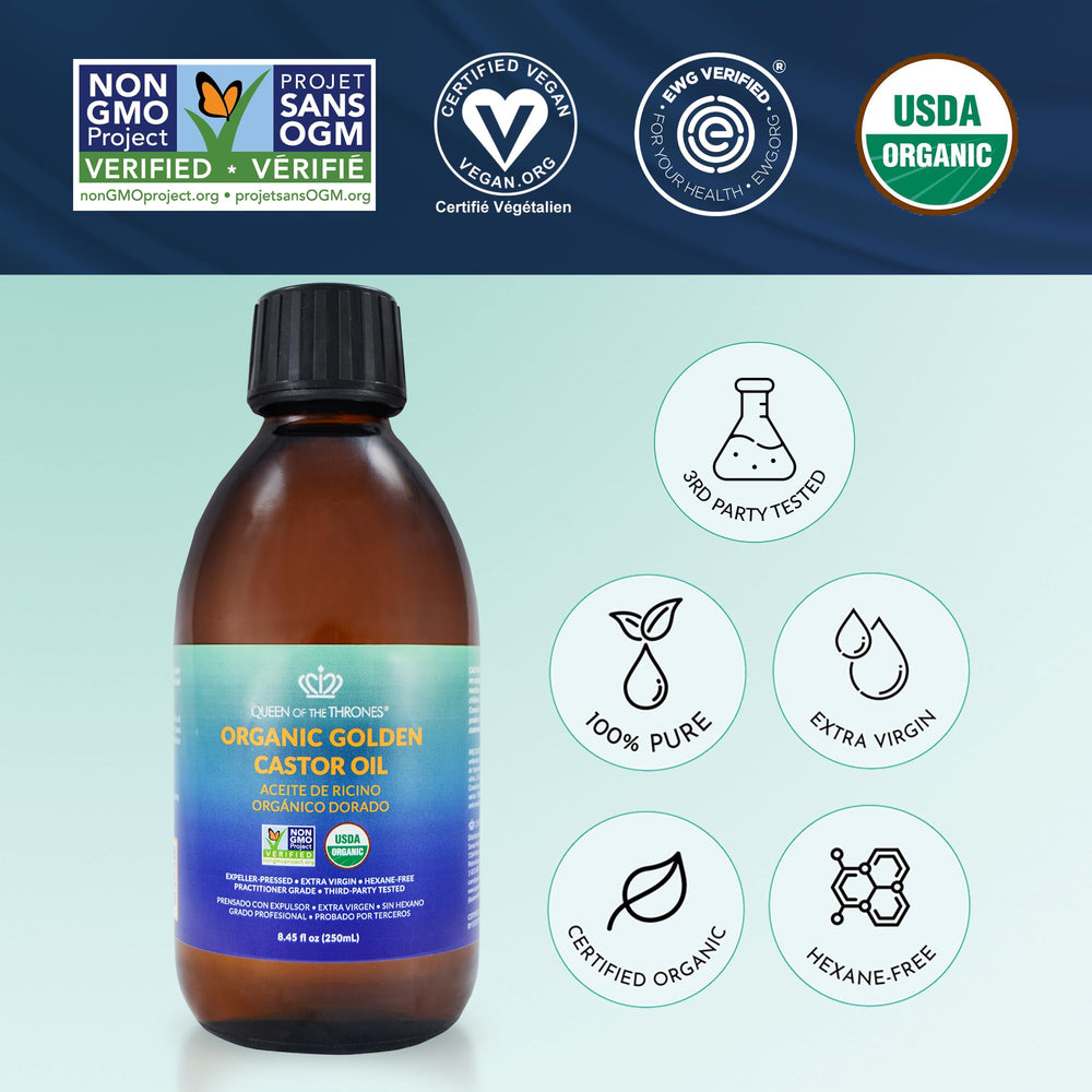 QUEEN OF THE THRONES Organic Golden Castor Oil application demonstrates versatile uses.