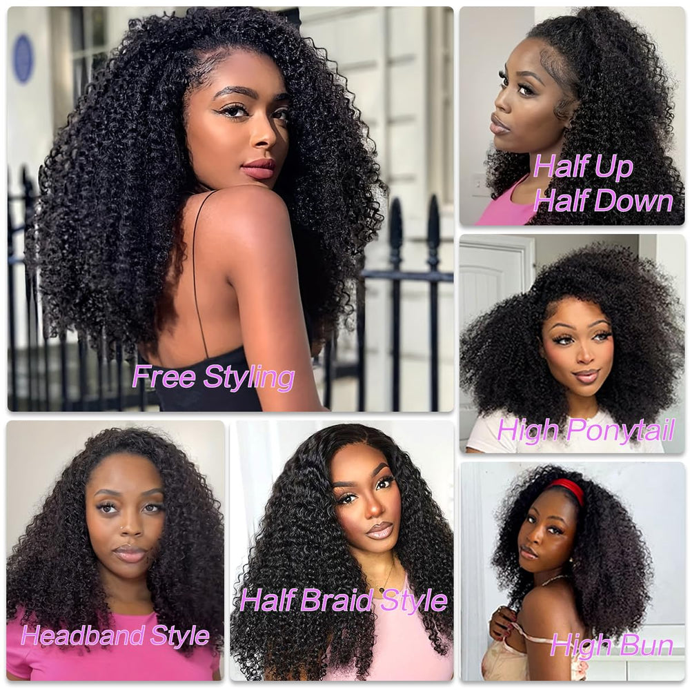 Querary kinky curly half wig secure drawstring fit in action.