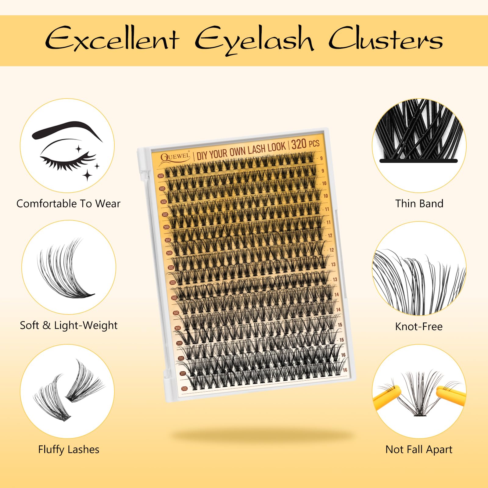 QUEWEL 30D lash clusters 9-16mm offer versatile length options.