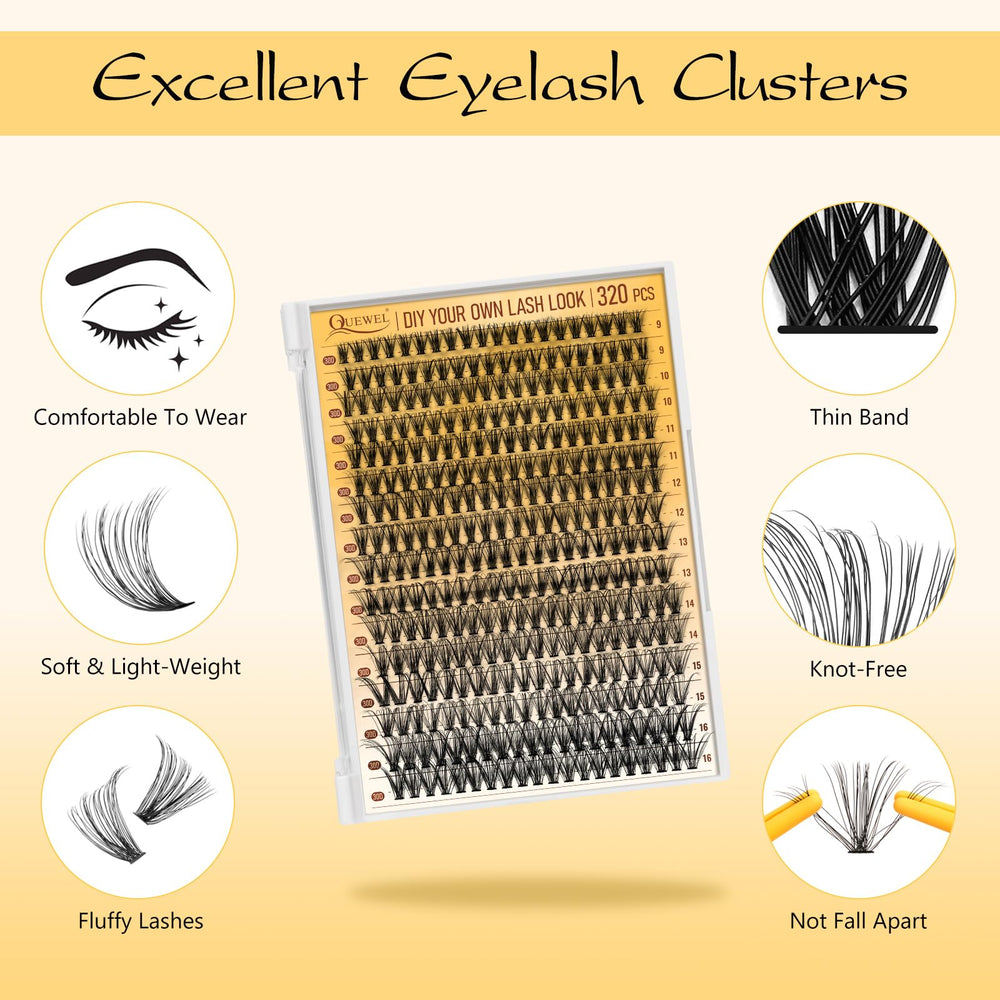 QUEWEL 30D lash clusters 9-16mm offer versatile length options.