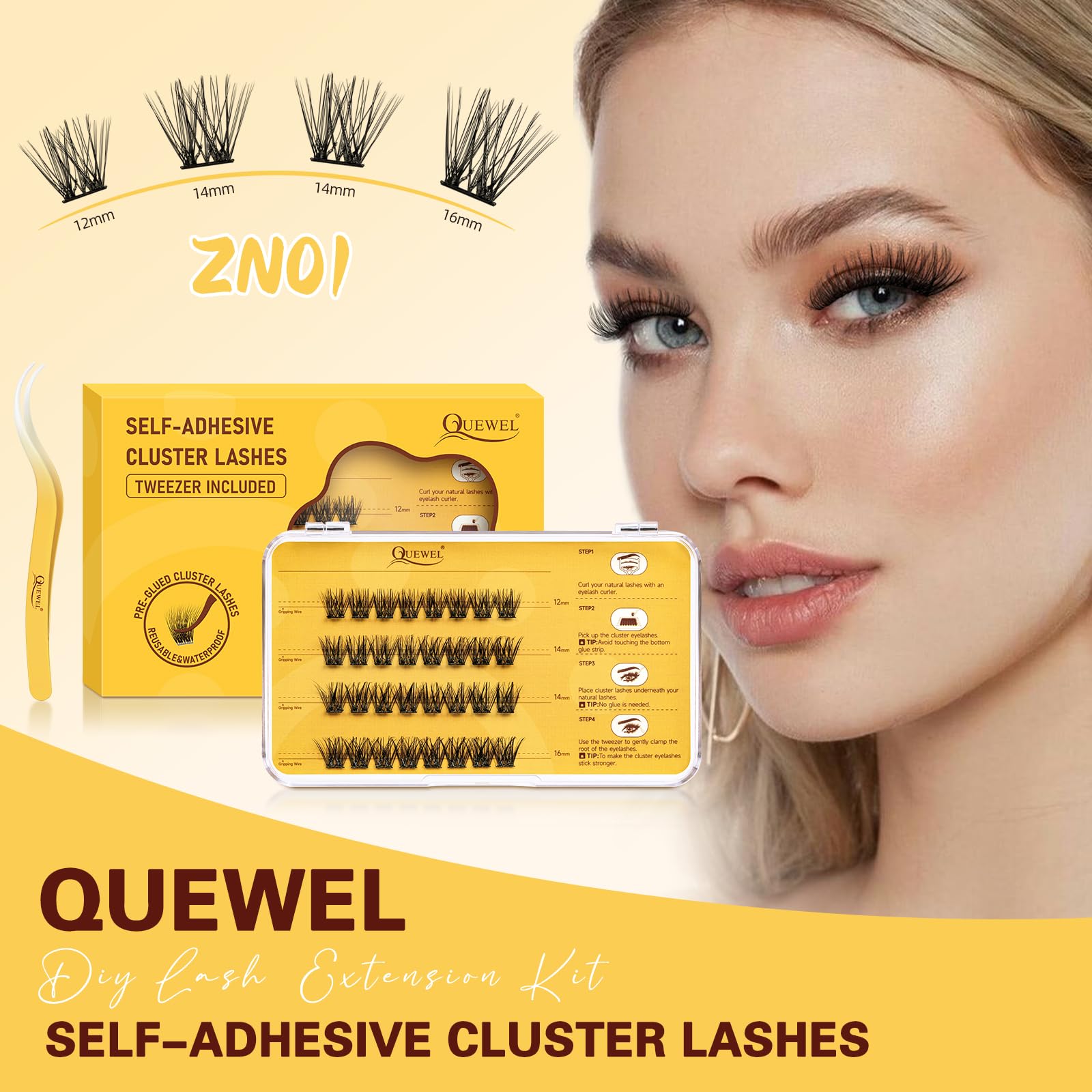 QUEWEL packaging image inside view highlights included lashes and tweezers.