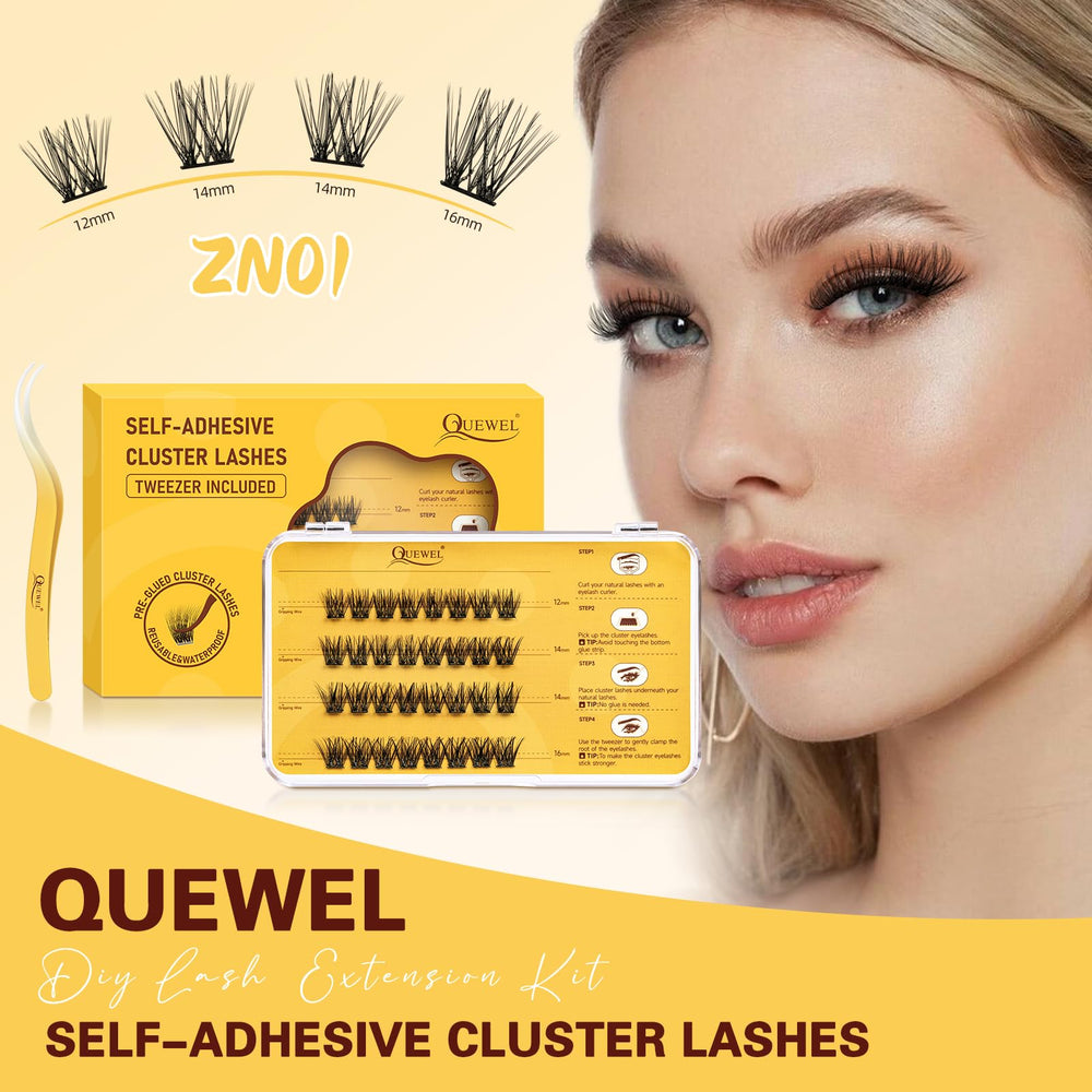 QUEWEL packaging image inside view highlights included lashes and tweezers.