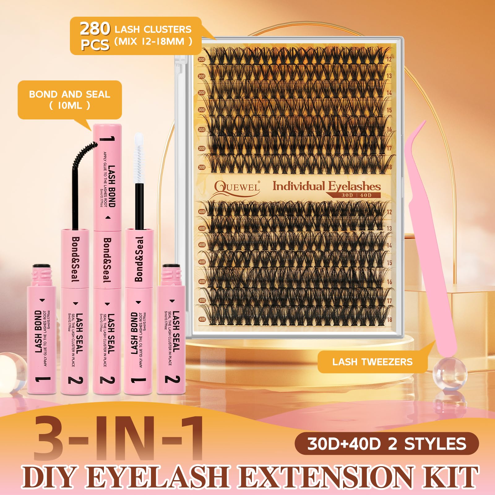 QUEWEL lash bond & seal provides durable, waterproof hold for all-day wear.