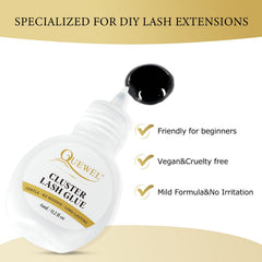 QUEWEL lash clusters glue application close-up shows smooth bonding for natural-looking lashes