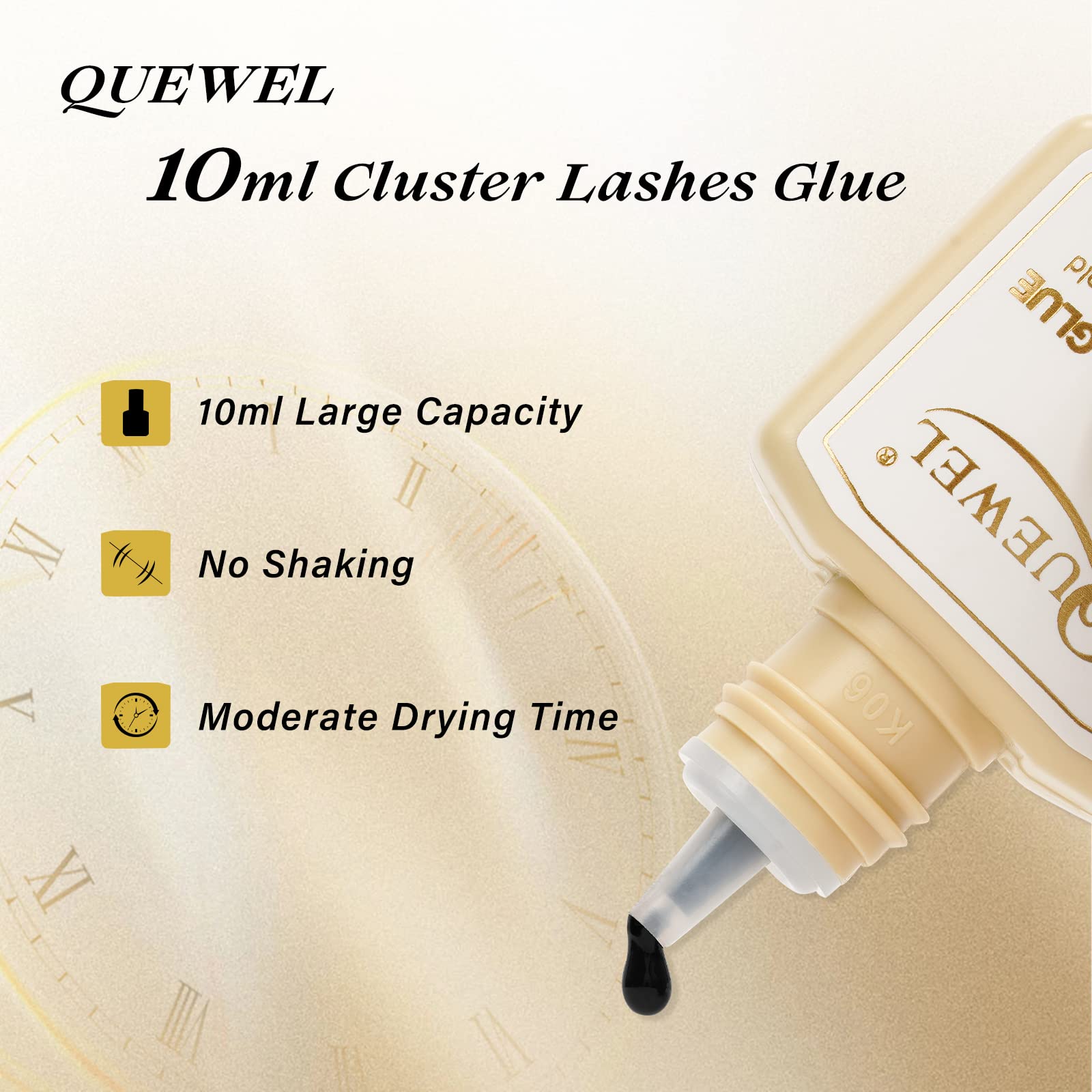QUEWEL lash clusters glue cap close-up showing precise dispensing.