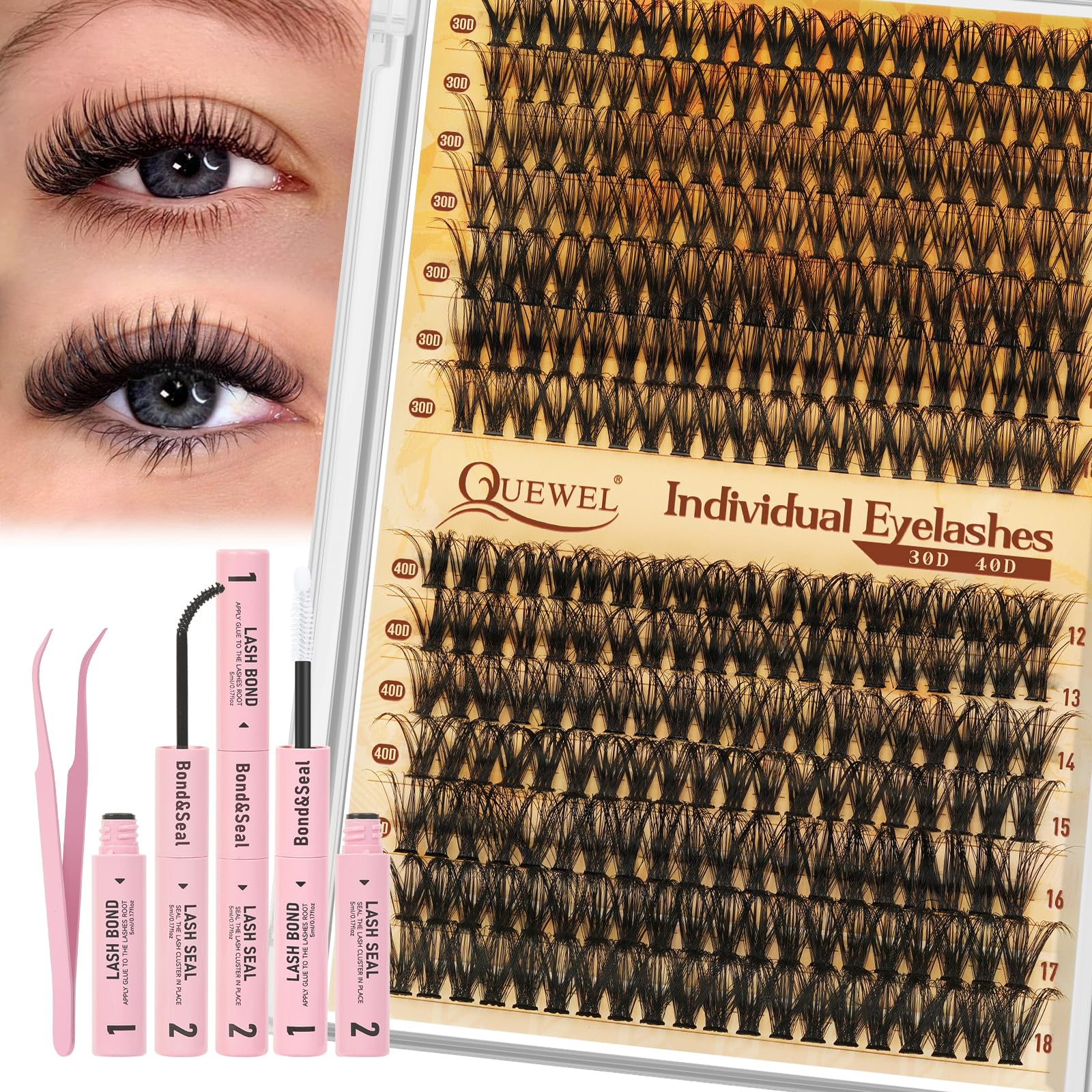 QUEWEL lash clusters kit with 30D/40D for customizable at-home looks.