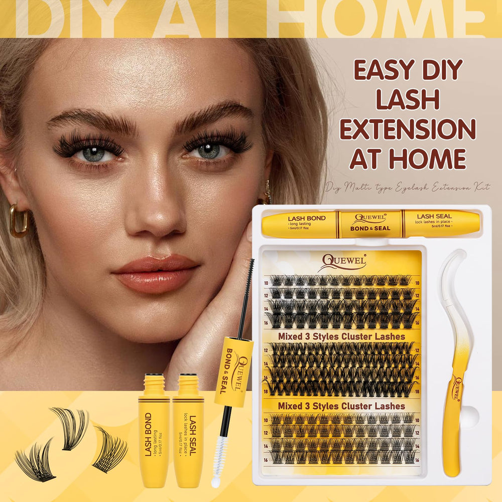 QUEWEL packaging includes everything needed for DIY lash extensions.