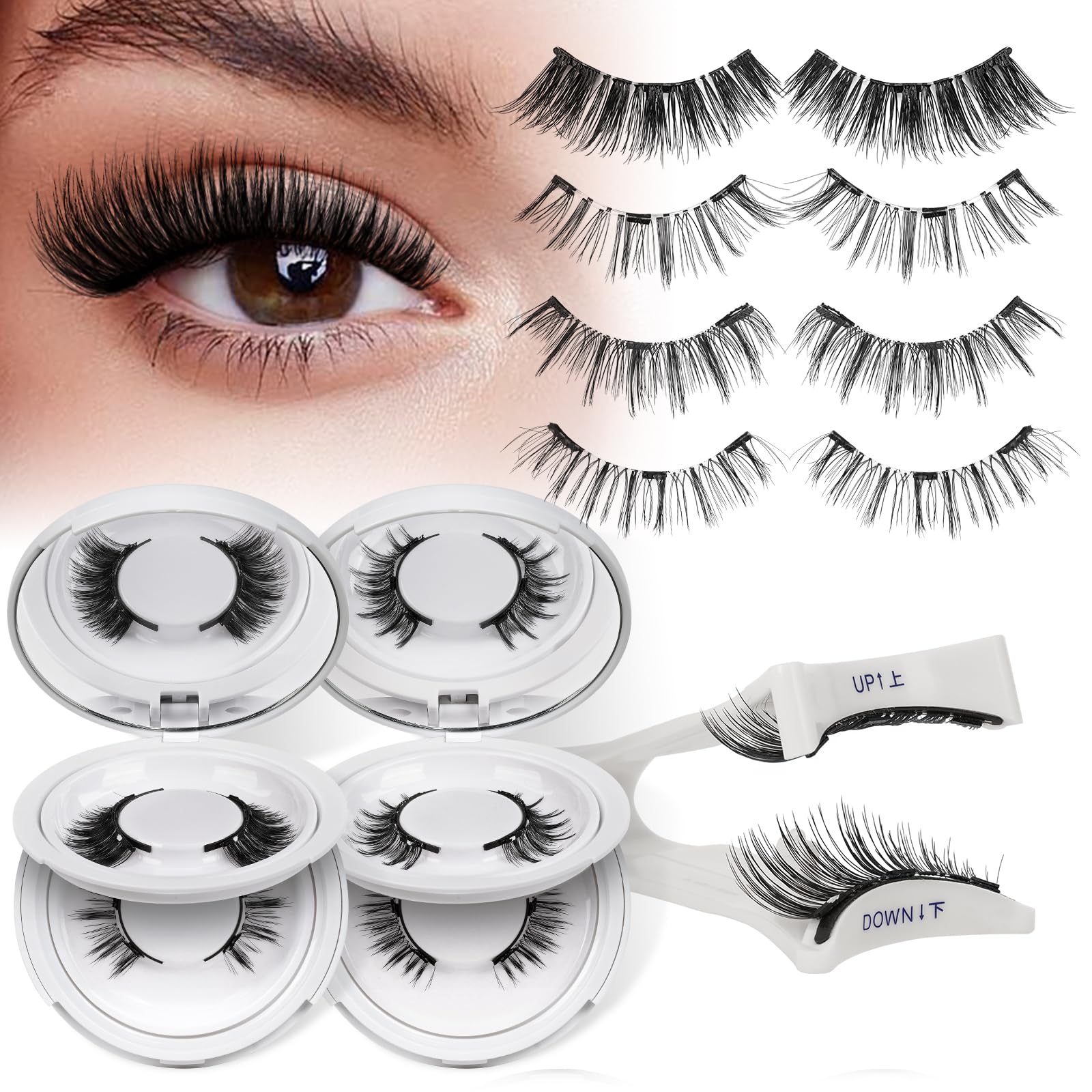 QUEWEL magnetic lashes kit contents show four pairs and applicators for easy, glue-free wear.