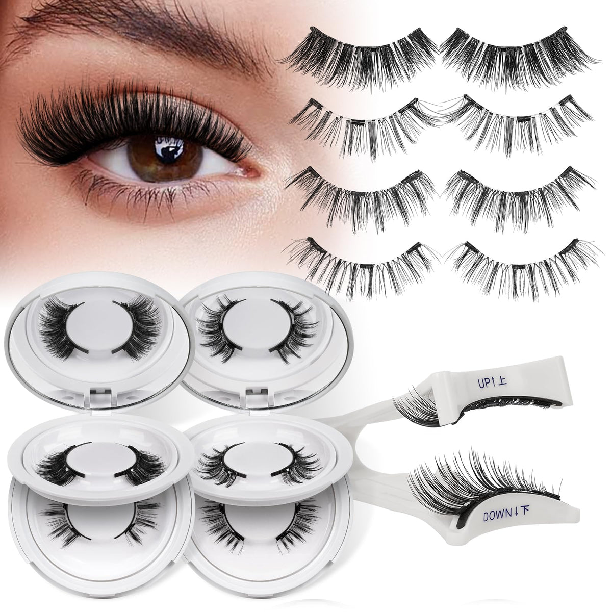 QUEWEL magnetic lashes kit contents show four pairs and applicators for easy, glue-free wear.
