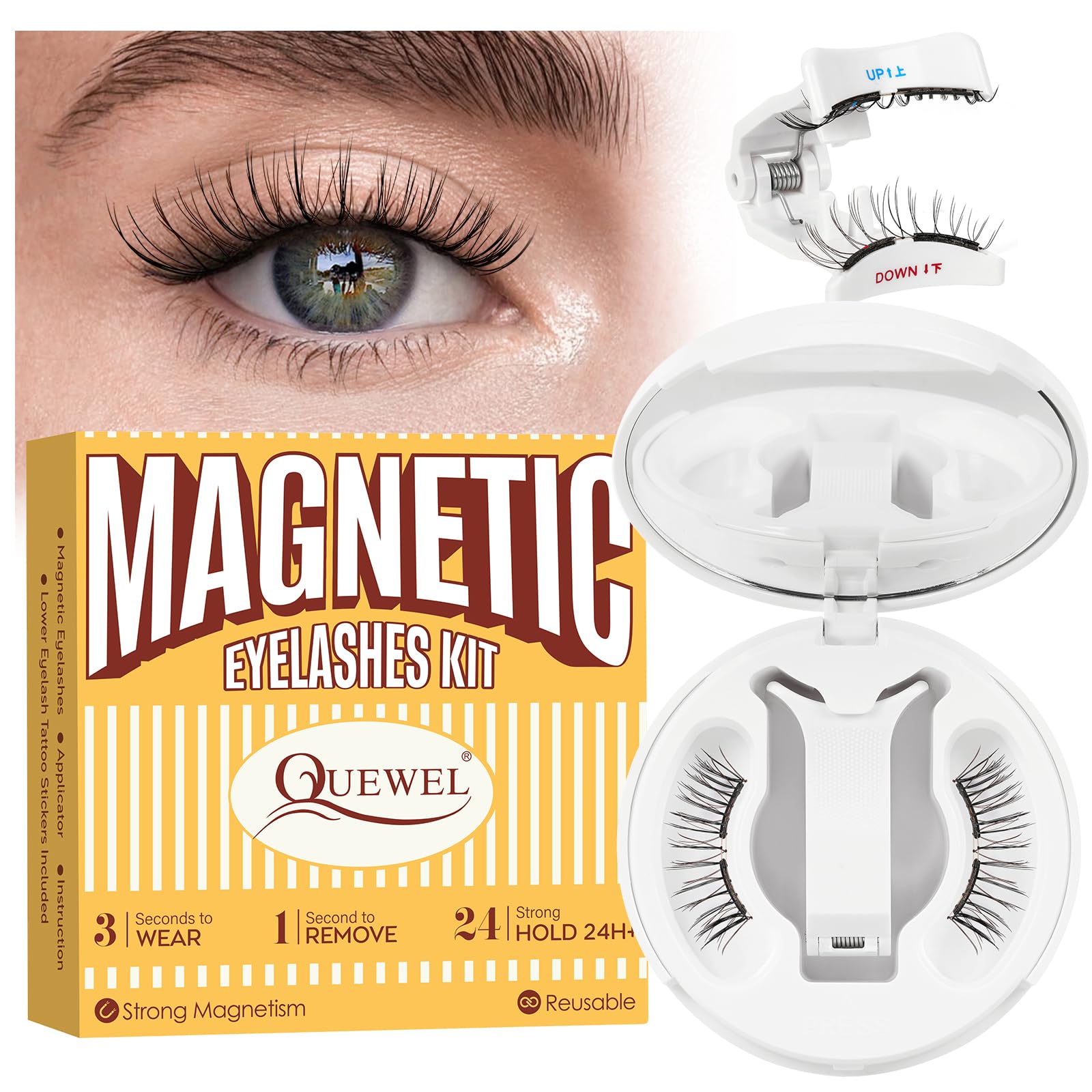 QUEWEL soft magnetic eyelashes with applicator for comfortable, glue-free wear.