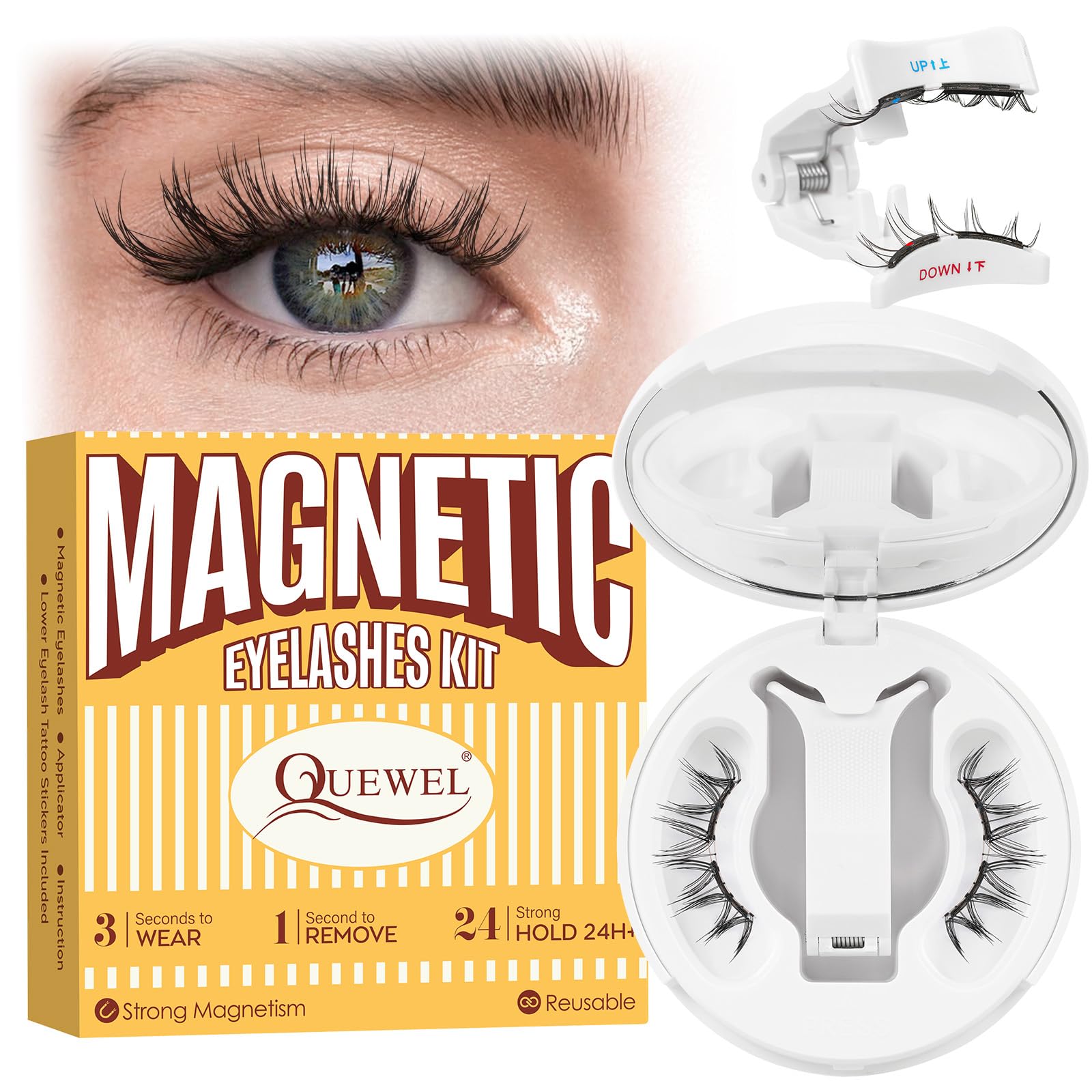 QUEWEL soft magnetic lashes with applicator for easy, glue-free wear.