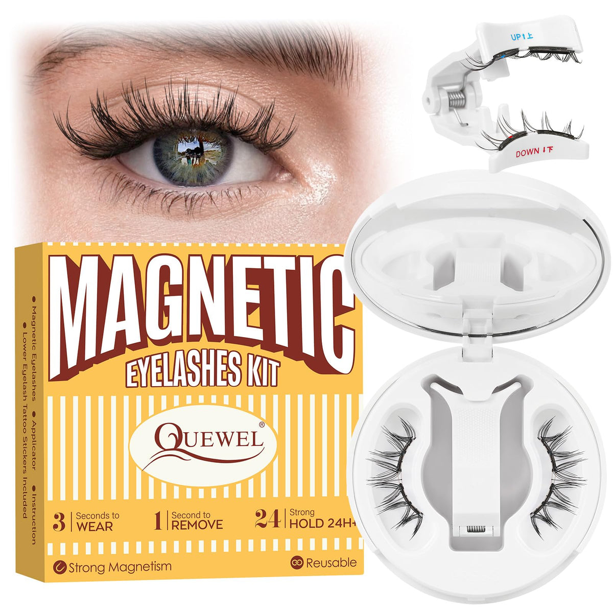 QUEWEL soft magnetic lashes with applicator for easy, glue-free wear.