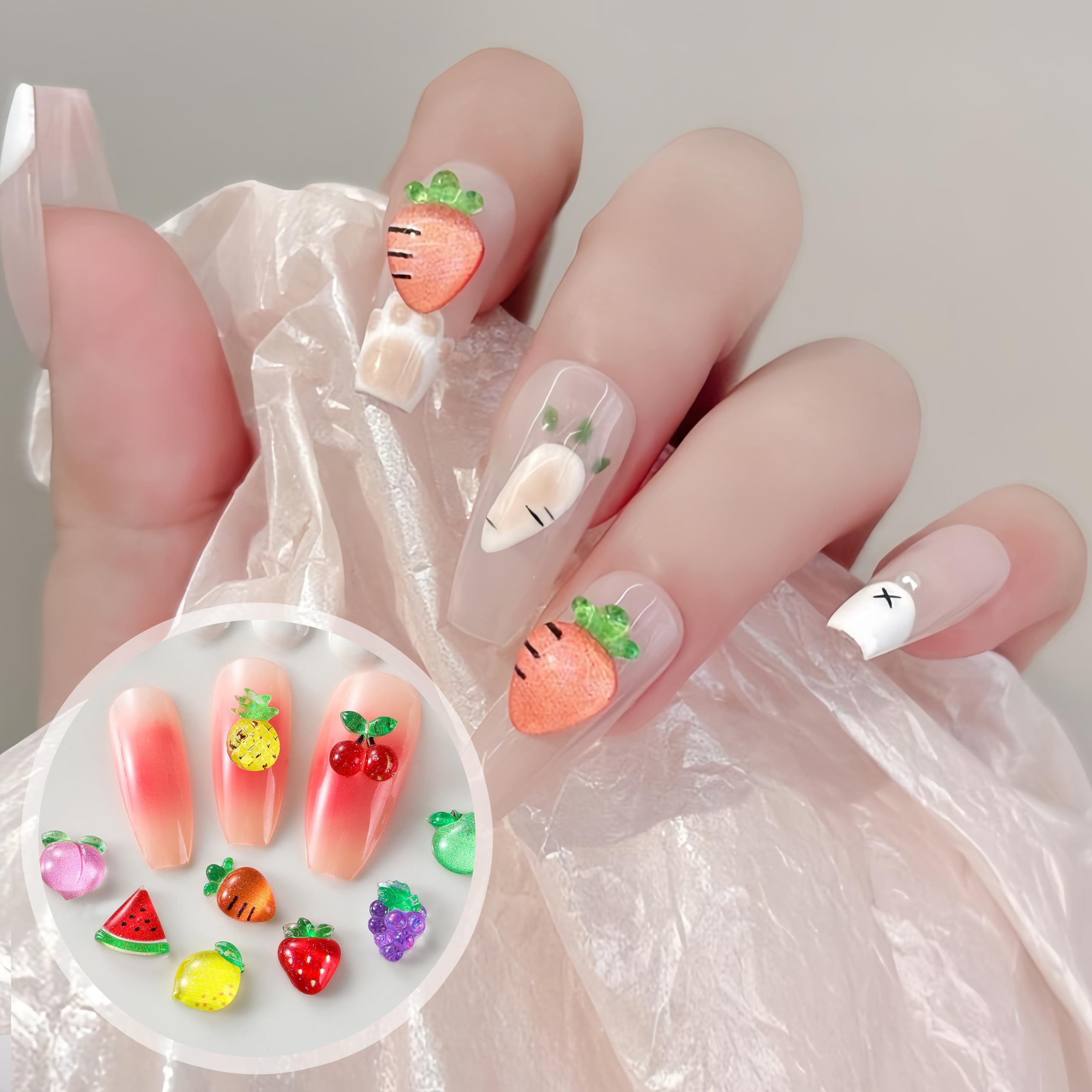 Quezadyl 3D mixed-fruit charms offer versatile decor for home or salon nails.