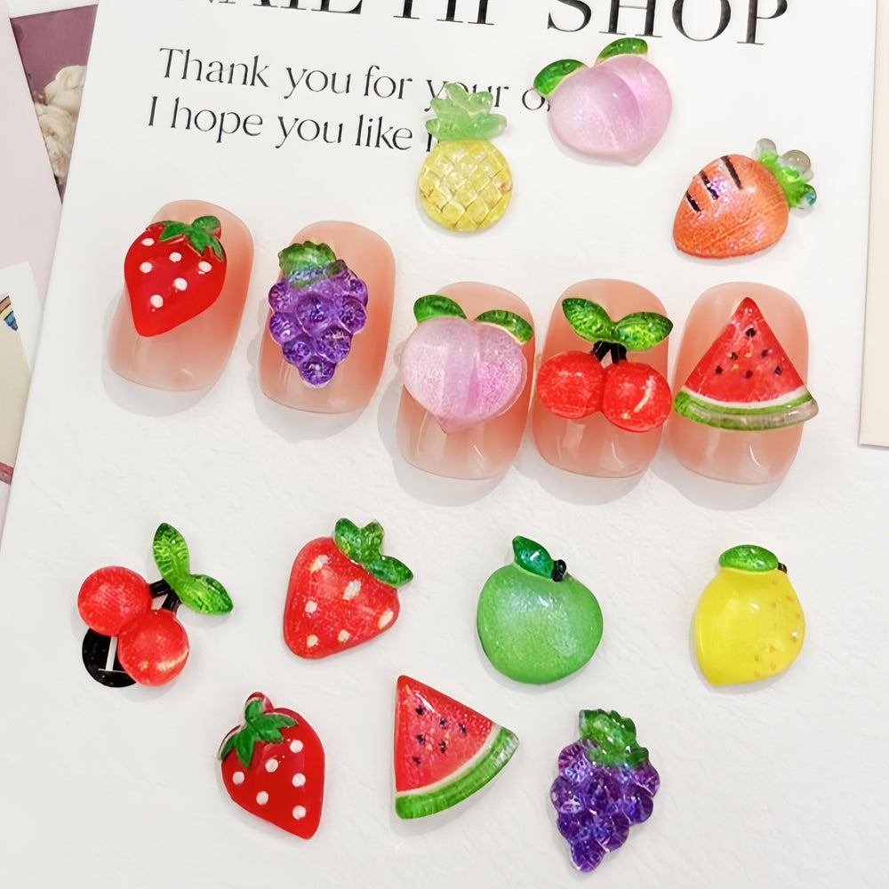 Quezadyl 3D fruit nail charms set for creative nail jewelry and decorations.