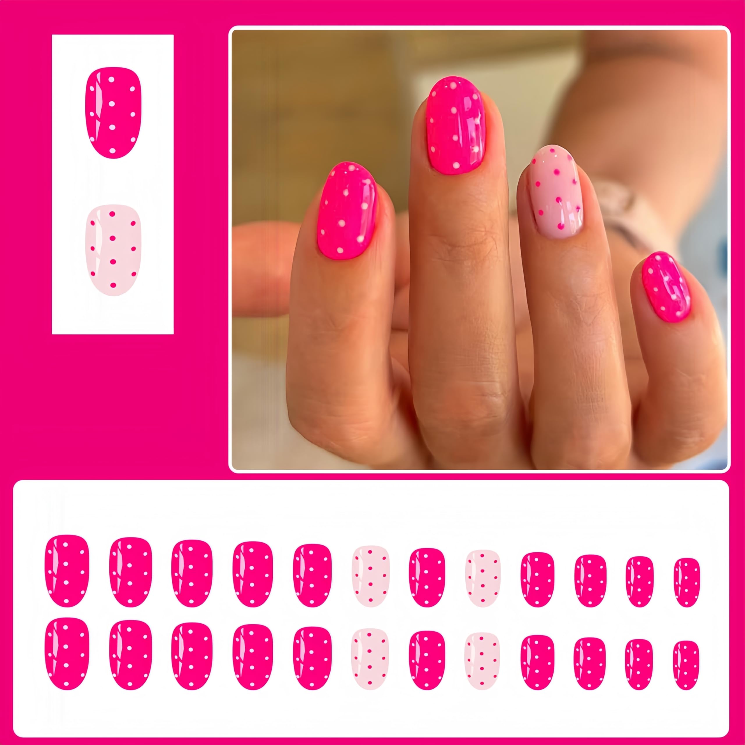Quezadyl pink polka dot nails in short oval shape for a quick manicure