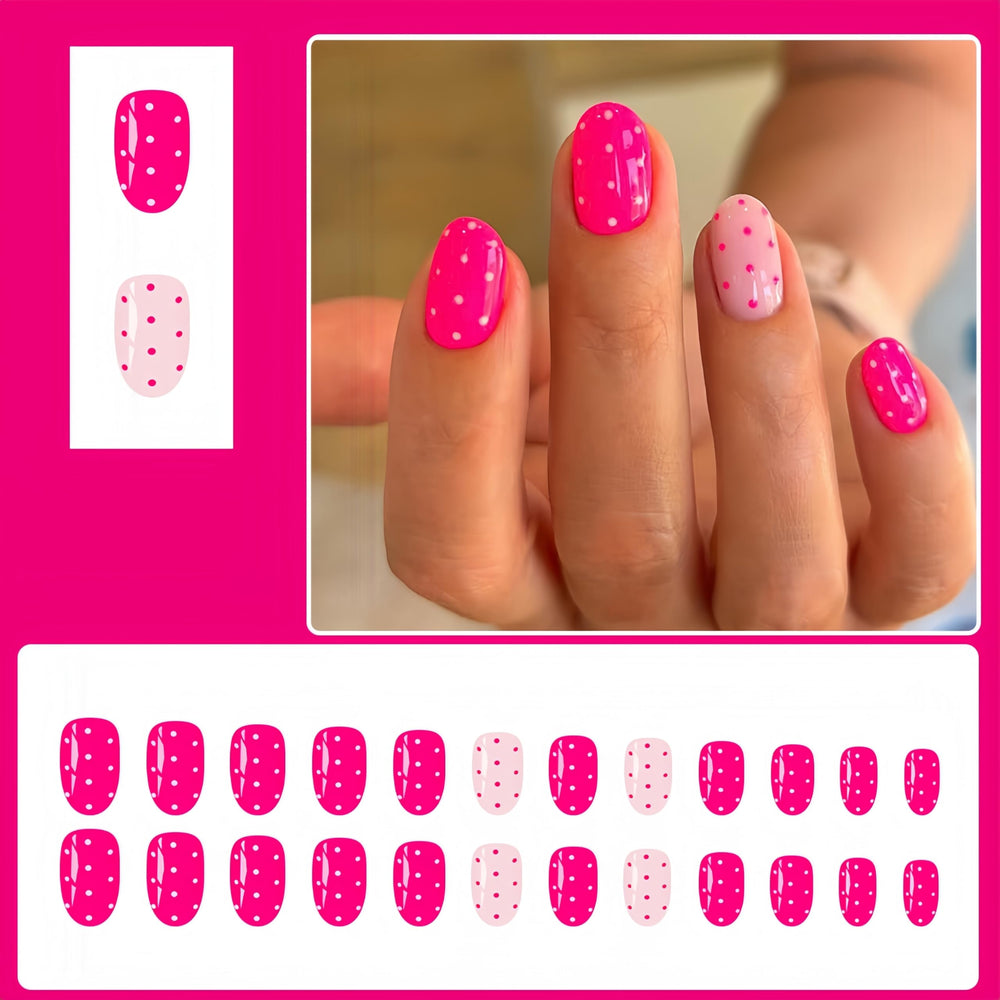 Quezadyl pink polka dot nails in short oval shape for a quick manicure