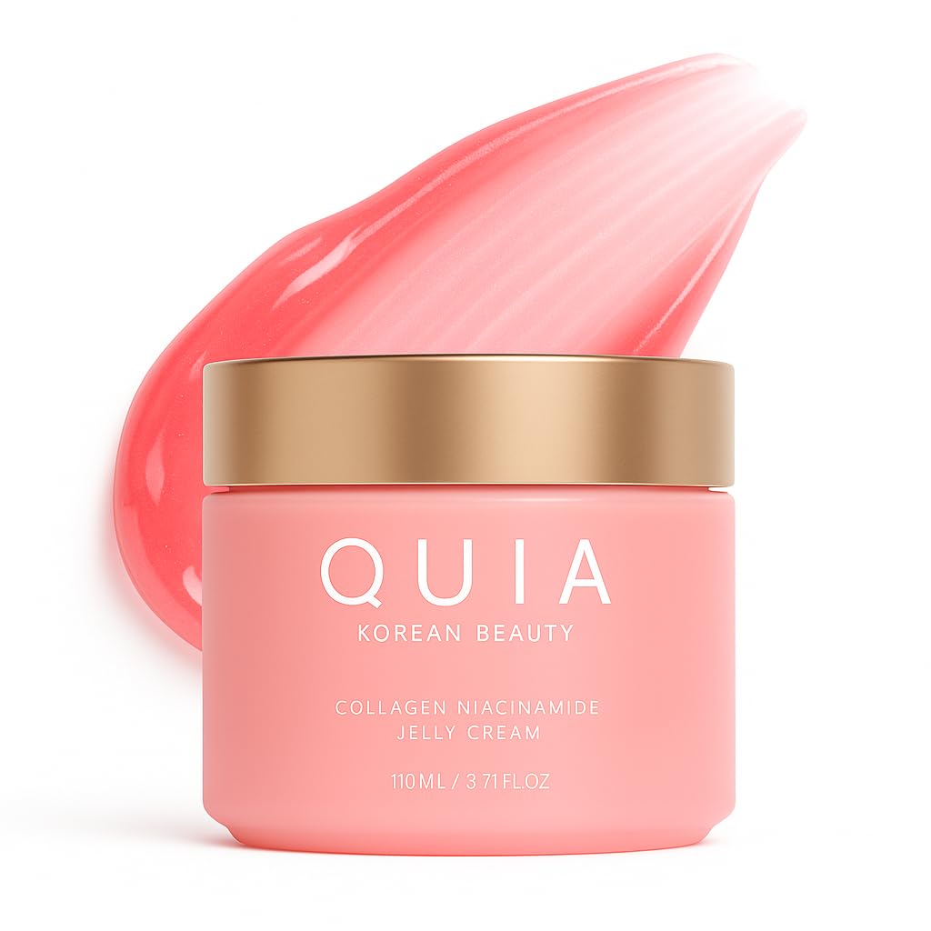 QUIA Collagen Jelly Cream bottle closeup highlighting lightweight hydration for all skin types