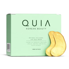QUIA Beauty hydrogel eye patches packaging highlights collagen formula for quick refresh.